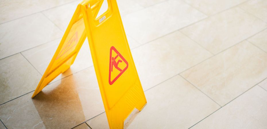 vibrant yellow wet floor caution sign on tiled surface