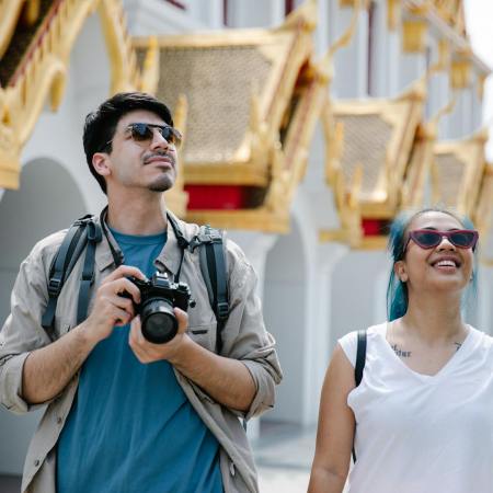 a man and a woman sightseeing