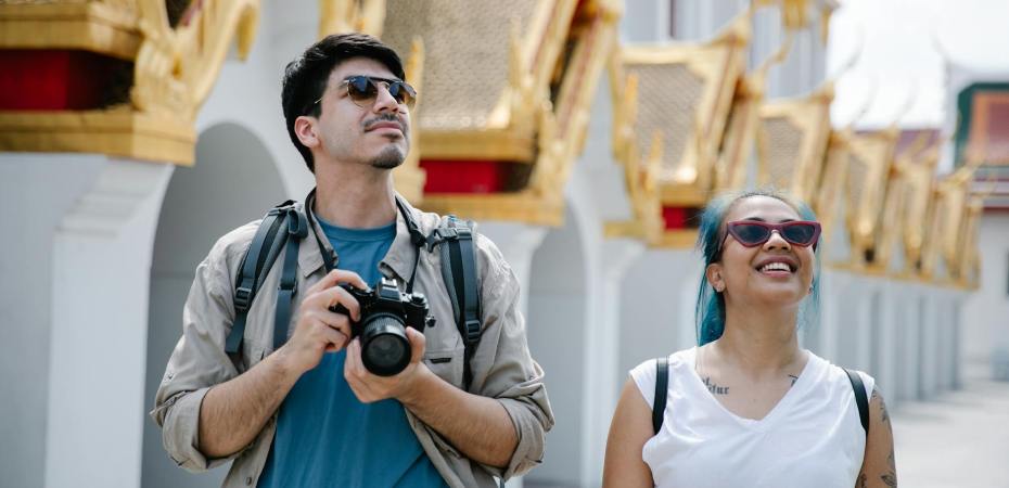 a man and a woman sightseeing