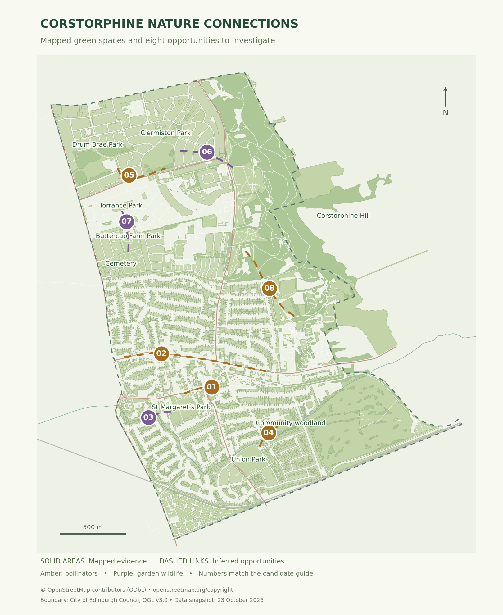Map of Corstorphine and Clermiston showing mapped green spaces and gardens, the community council boundary, and eight numbered candidate pollinator and garden wildlife connections.